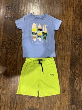 Mayoral Light Blue Surfboard Sequin Tee & Neon Yellow Shorts Set